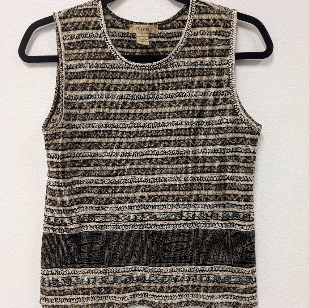 Vintage Y2K Crinkle Pleat Geometric Aztec Neutral Tank Top sz M